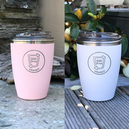 Pink and lilac reusable coffee cups from SUCfree Wānaka.