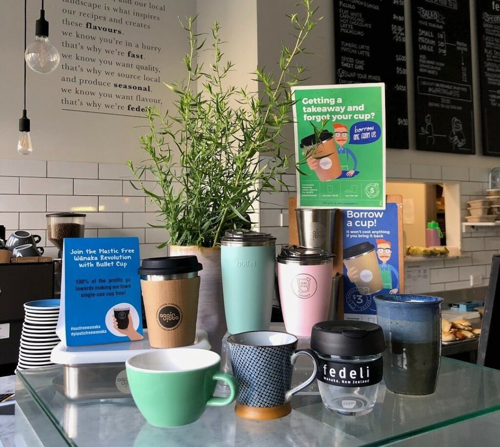 A selection of SUCfree cups (single-use cup free) at a cafe.