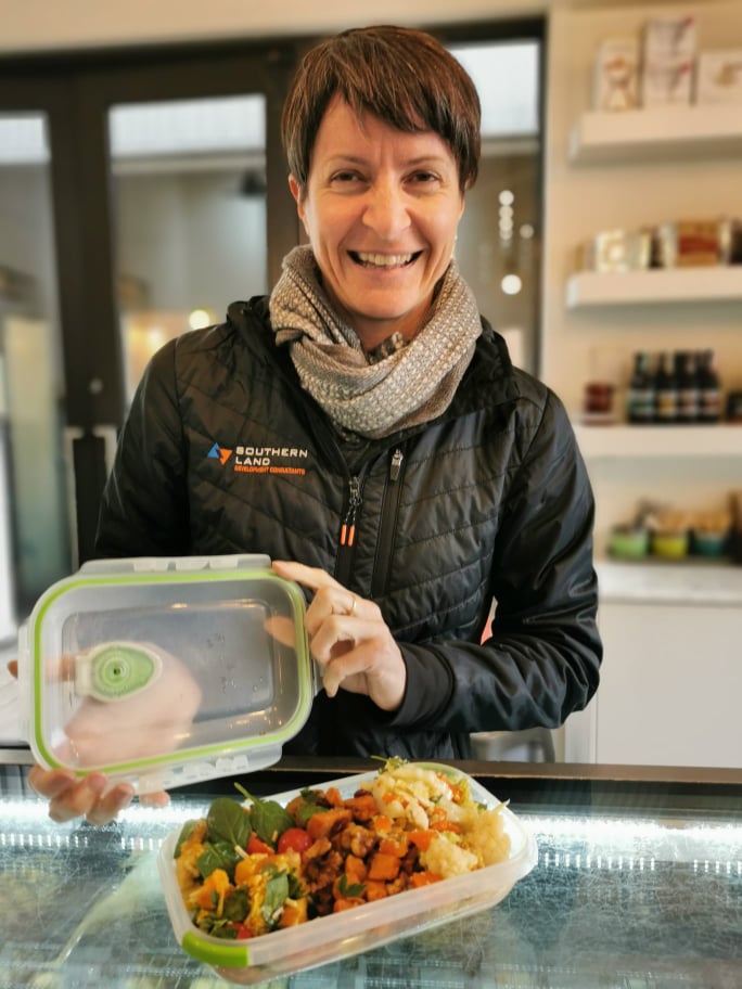 Sarah Allen At Fedeli, a popular place to eat in Wanaka with a BYO container.